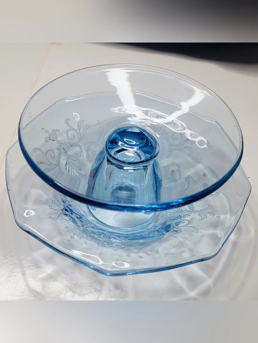 1 Vintage Fostoria Versailles etched Azure clear blue Mushroom Shape Candlestick